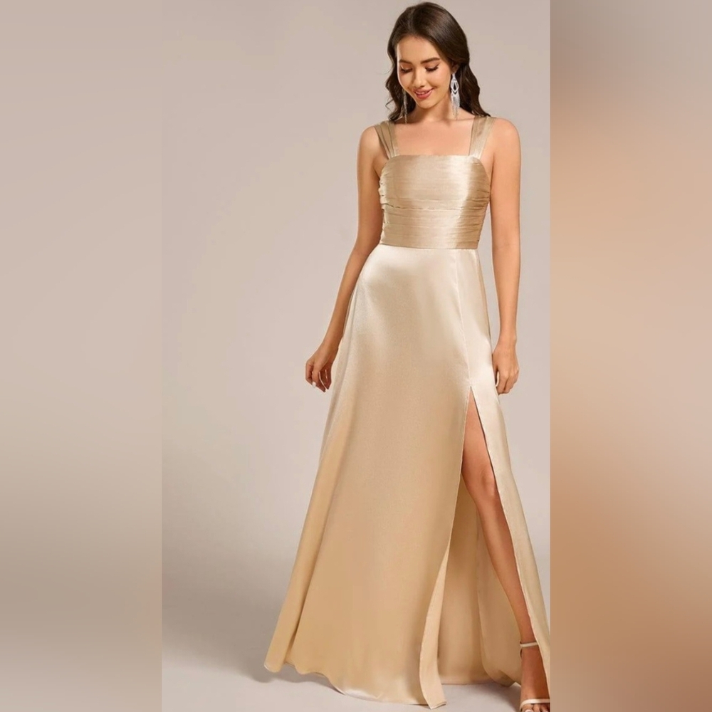 Champagne Satin Evening Dress W/Wide Straps Pleated Bodice, Side Slit